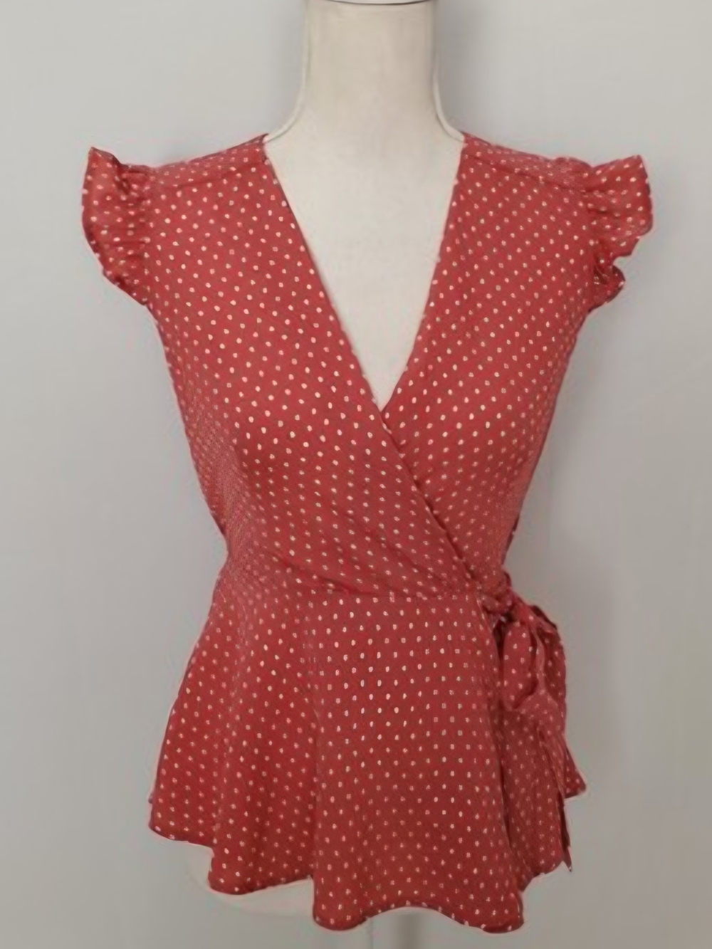 Monteau Rust Wrap Peplum Blouse with Metallic Dots